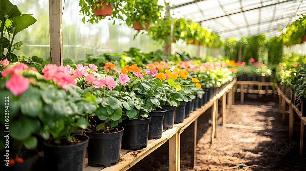 Colorful flowers thrive in pots within a greenhouse nursery, bathed in sunlight. Colorful flowers thrive in pots within a greenhouse nursery, bathed in sunlight.