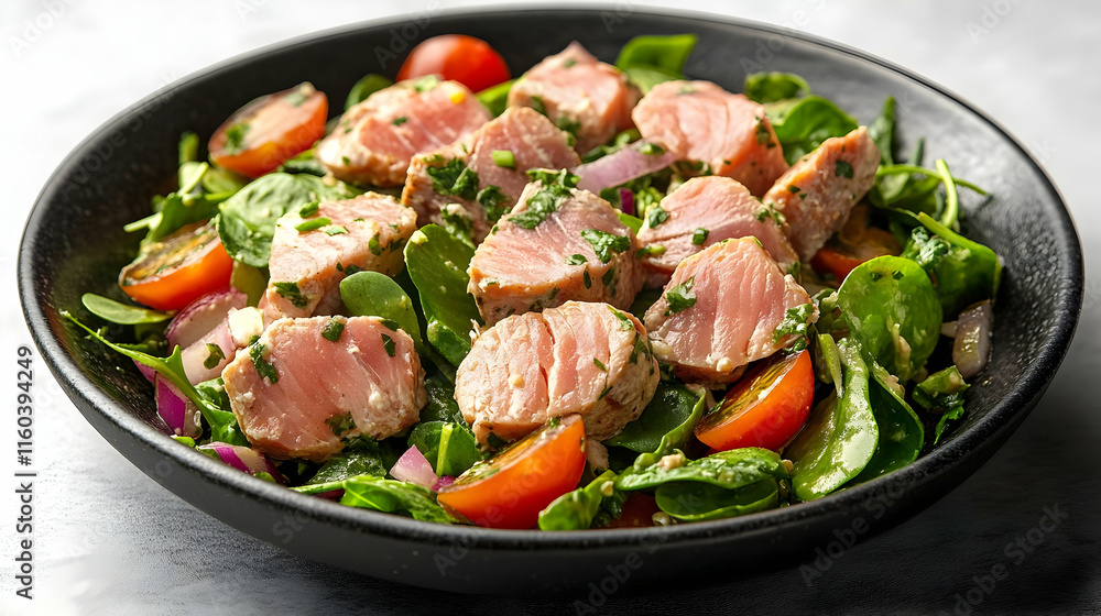 Seared Tuna Salad with Greens, Tomatoes, and Red Onion in a Black Bowl Seared Tuna Salad with Greens, Tomatoes, and Red Onion in a Black Bowl