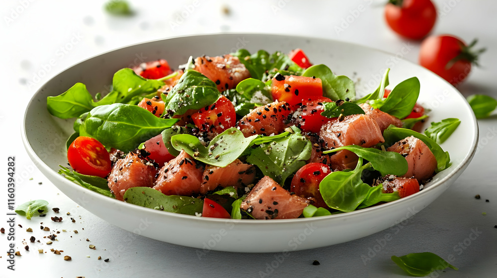 Fresh Salmon Salad with Spinach, Tomatoes, and Sesame Seeds in a Bowl Fresh Salmon Salad with Spinach, Tomatoes, and Sesame Seeds in a Bowl