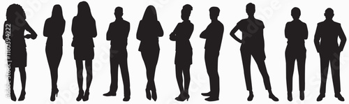 Silhouettes of diverse individual standing in a row white background.