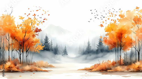 Misty Autumn Forest Watercolor Painting shows trees, foliage, and birds in a serene landscape.