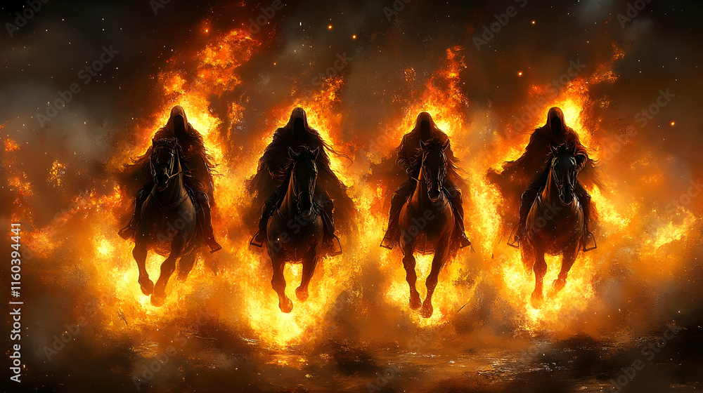 Fototapeta premium Horses Run with Riders Through Fire and Embers at Night
