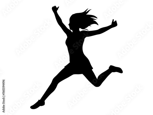 Jumping girl black silhouette vector, Simple silhouette Design vector icon with white background. Jumping kid silhouette