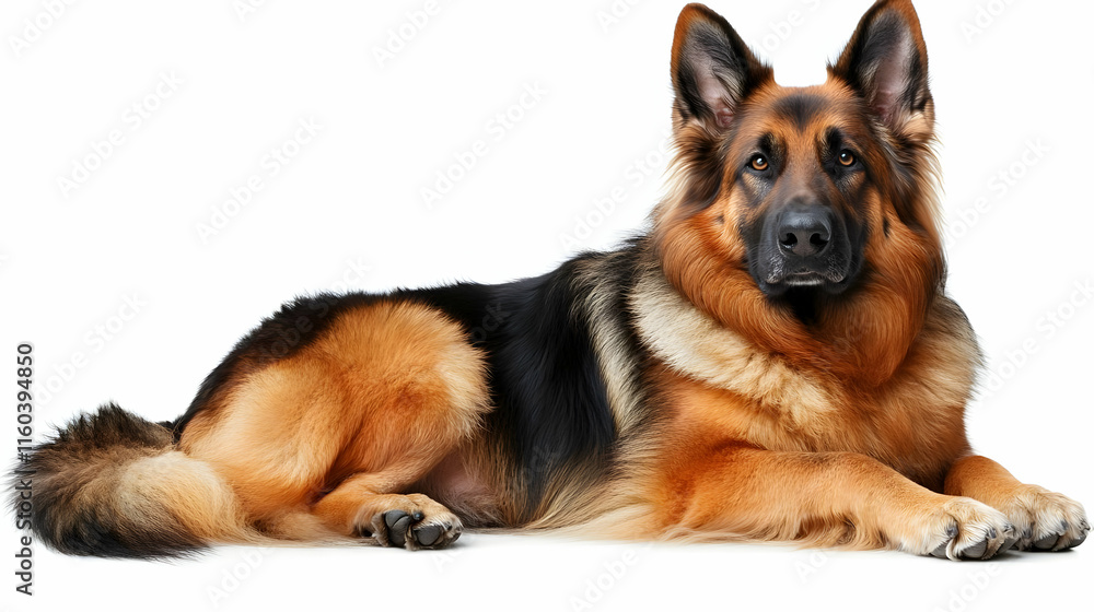 German Shepherd Dog Lies Down Calmly on White Background German Shepherd Dog Lies Down Calmly on White Background