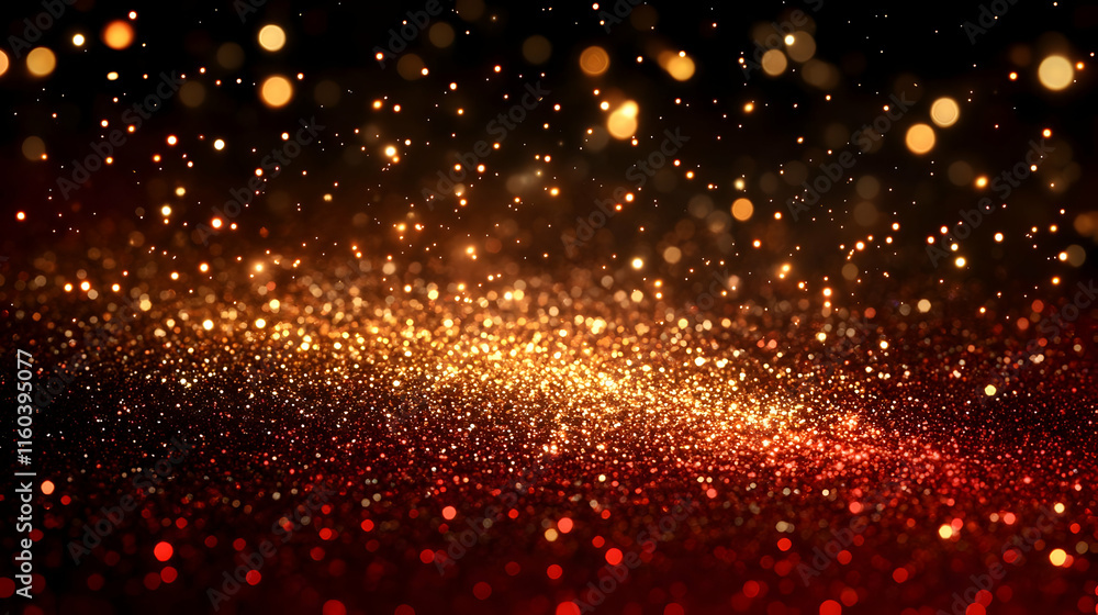 Golden Glitter Sparkles Dance Over a Red Background