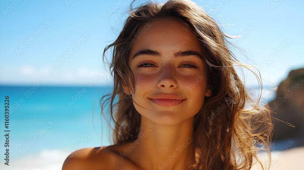 Smiling Freckled Woman Poses at the Beach with Windswept Hair and Turquoise Water Background Smiling Freckled Woman Poses at the Beach with Windswept Hair and Turquoise Water Background