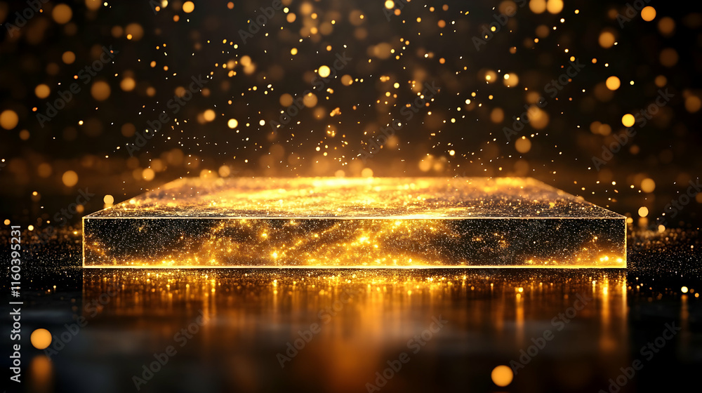 Golden Sparkle Lights Shine on Square Platform with Bokeh Effect Golden Sparkle Lights Shine on Square Platform with Bokeh Effect