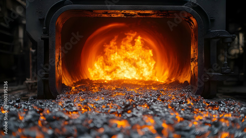 Industrial Furnace Burns Hot with Bright Flames and Glowing Coals Inside, Intense Heat Radiates