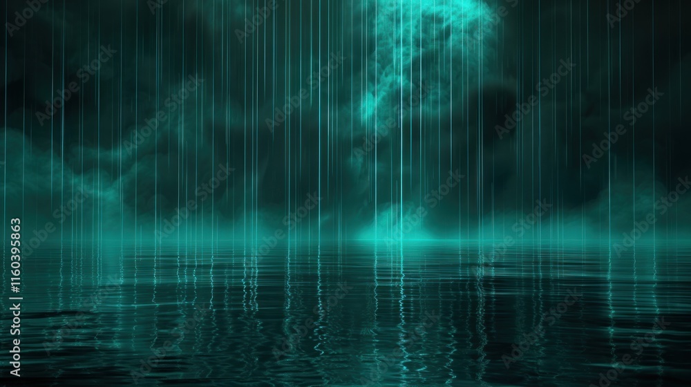 Teal light beams over water, dark clouds. Teal light beams over water, dark clouds.