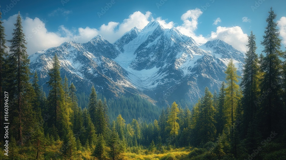 Majestic snow-capped mountains rise above a lush evergreen forest. Majestic snow-capped mountains rise above a lush evergreen forest.