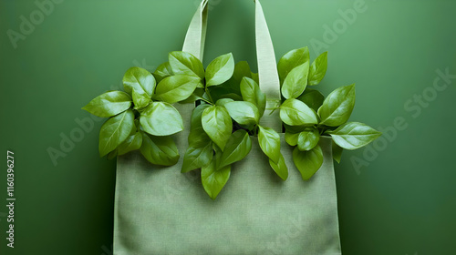 Green Leaves Fill Reusable Bag Promoting Sustainability Ecologically photo