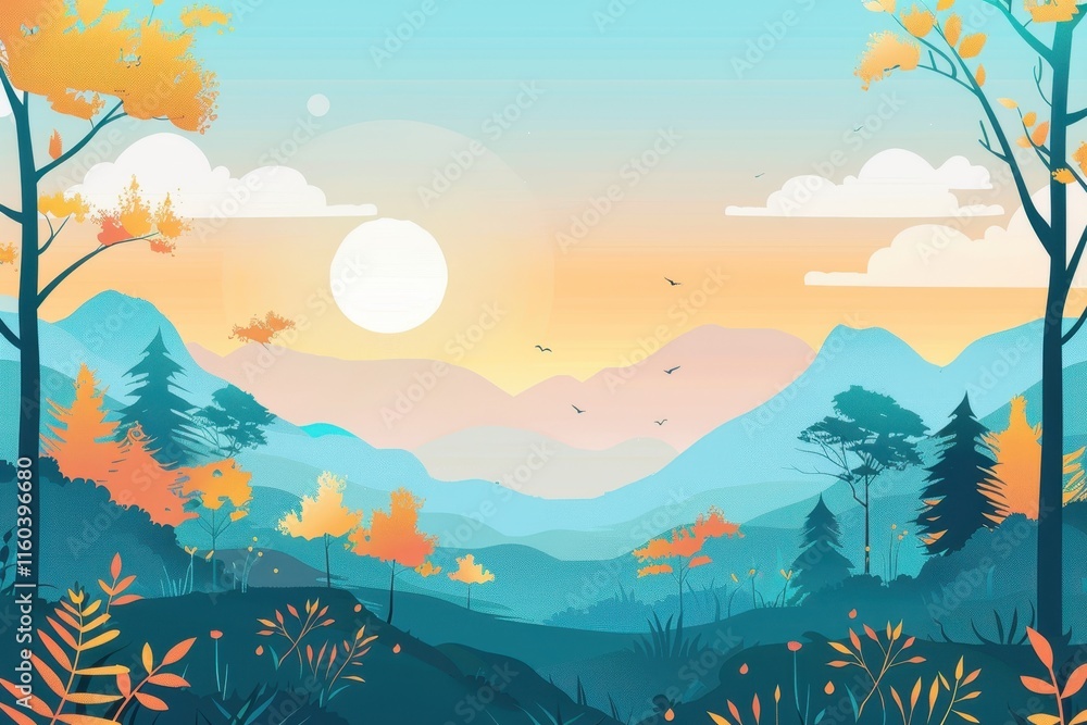 Fototapeta premium A Scenic Landscape with Lush Trees, Blue Mountains, and a Sun-Kissed Sky