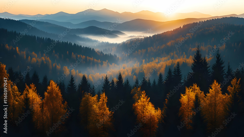 Golden autumn forest covers misty mountains at sunrise creating a tranquil and colorful landscape. Golden autumn forest covers misty mountains at sunrise creating a tranquil and colorful landscape.