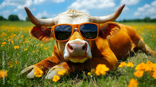 Cool Cow Relaxes in Field w...