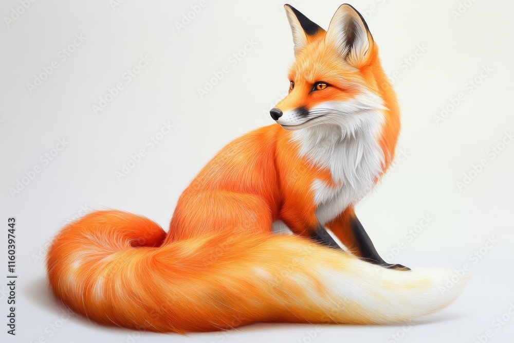 Fototapeta premium A beautifully rendered orange fox with a bushy tail, showcasing its vibrant fur and elegant posture.