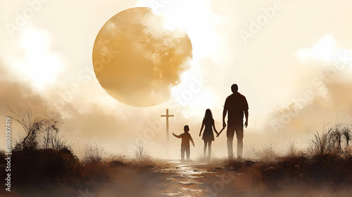Family Walks Towards Cross ...