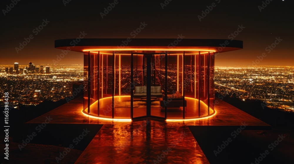 Obraz premium Modern glass pavilion at night overlooking city lights.