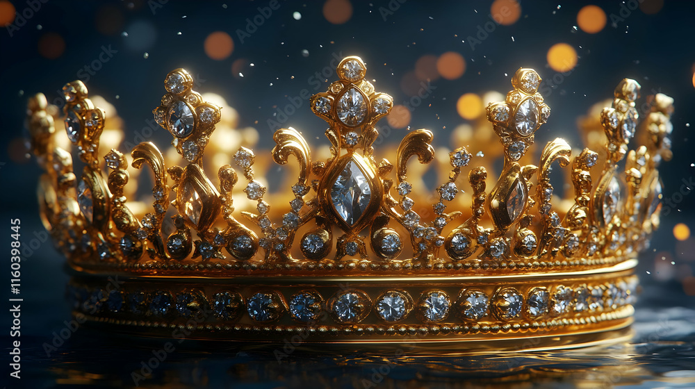 Fototapeta premium Golden Crown with Diamonds Floating Majestically on Water