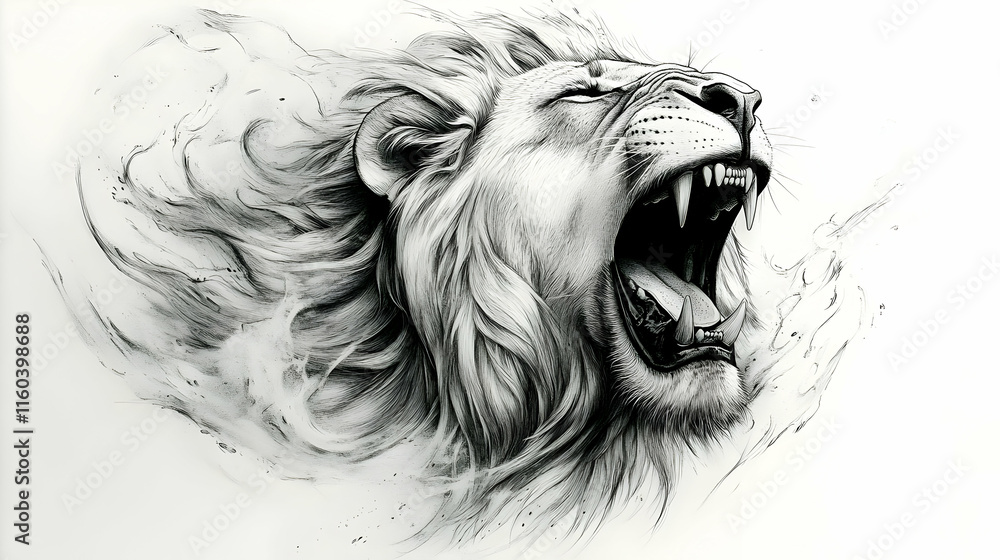 Obraz premium Lion Roars Fiercely with Majestic Mane Flowing Wildly in Black and White