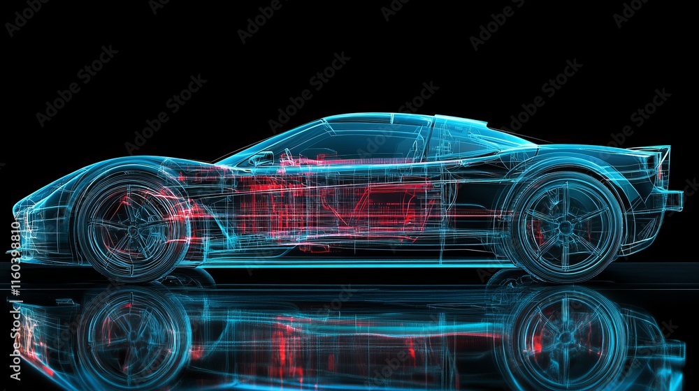Futuristic sports car design concept. Wireframe model showcasing intricate details and sleek lines against a dark background. A transparent blue and red outline highlights the vehicle's engineering. Futuristic sports car design concept. Wireframe model showcasing intricate details and sleek lines against a dark background. A transparent blue and red outline highlights the vehicle's engineering.