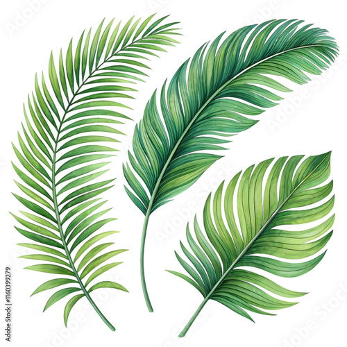 Tropical palm leaves, vibrant green foliage, botanical illustration