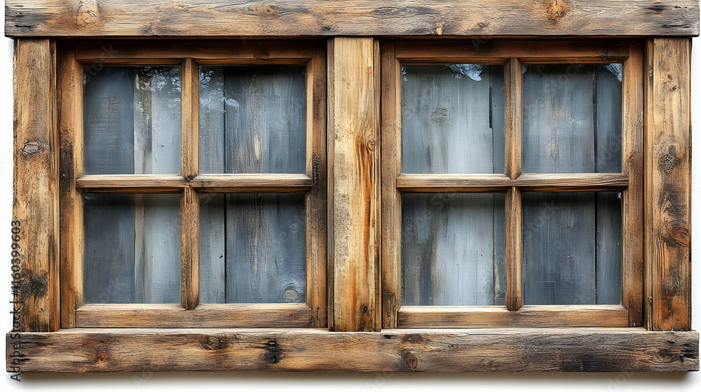 Rustic Wooden Window Frame with Glass Panes Showcases Weathered Wood Texture and Craftsmanship. Rustic Wooden Window Frame with Glass Panes Showcases Weathered Wood Texture and Craftsmanship.