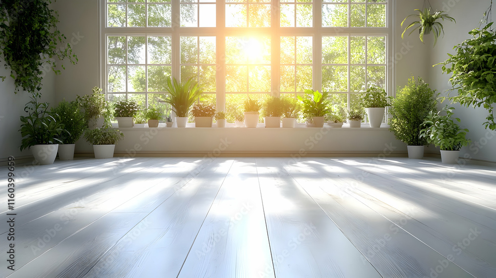 Fototapeta premium Sunlight Illuminates Indoor Plants on Windowsill Beautifully