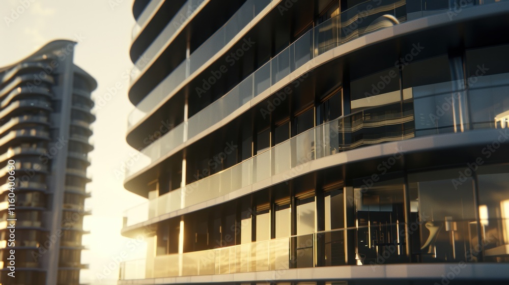 Obraz premium Modern curved glass building at sunset.