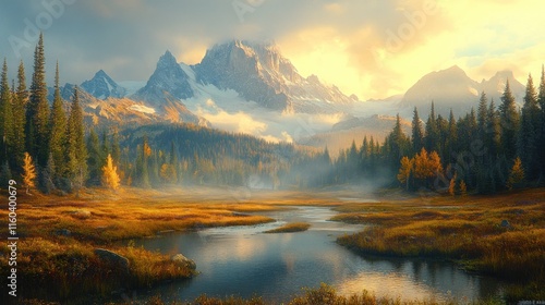 Serene autumnal mountain valley landscape with a calm river reflecting the sunrise, mist, and colorful foliage.