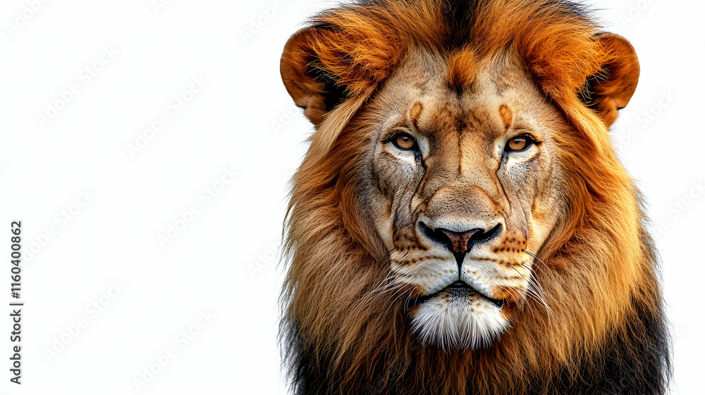 Majestic Lion Portrait Displays Power and Majesty on a Clean White Background. Majestic Lion Portrait Displays Power and Majesty on a Clean White Background.