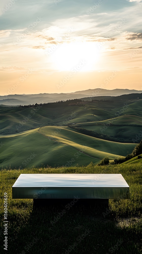 A modern metal podium set in the middle of a rolling hill landscape, with clear skies and green fields stretching in every direction A modern metal podium set in the middle of a rolling hill landscape, with clear skies and green fields stretching in every direction