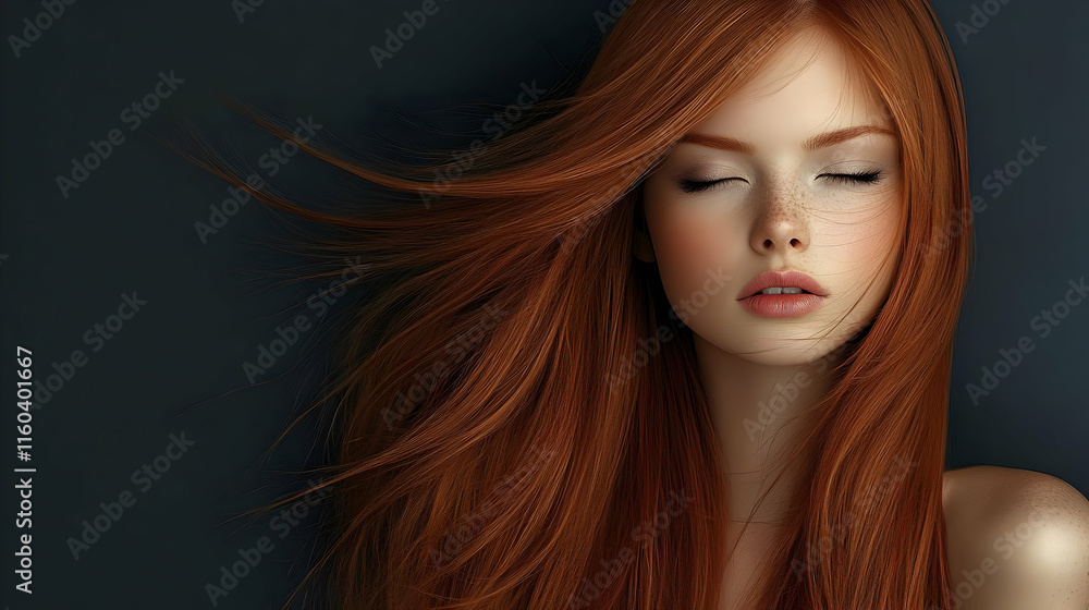 Red Hair Flows Gracefully, Beauty and Elegance Shine Brightly in Gentle Breeze Red Hair Flows Gracefully, Beauty and Elegance Shine Brightly in Gentle Breeze