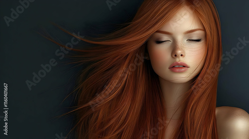 Red Hair Flows Gracefully, Beauty and Elegance Shine Brightly in Gentle Breeze