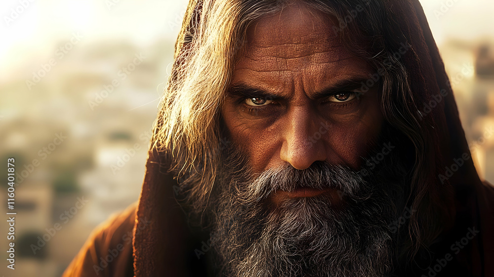 Wise Man Looks Intensely, Portrait with Deep Gaze and Long Beard Wise Man Looks Intensely, Portrait with Deep Gaze and Long Beard