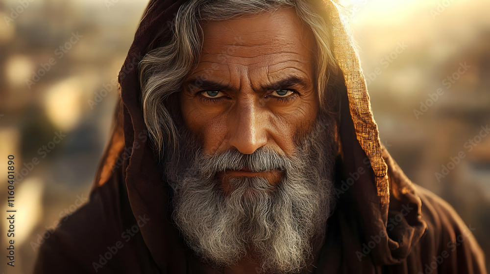 Wise Man with Gray Beard and Robe Reflects Peacefully in Golden Light Wise Man with Gray Beard and Robe Reflects Peacefully in Golden Light
