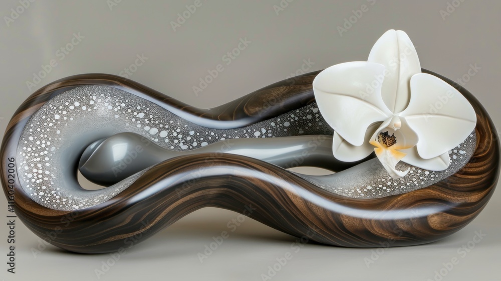 Naklejka premium Abstract wood sculpture with white orchid.