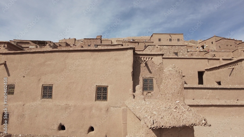Africa, Morocco 12,29,2024 The KASBAH of Ait Ben Haddou is a fortified city near Ouarzazate . Ait Ben Haddou is a great example of earthen clay architecture , tourist visiting attraction destination