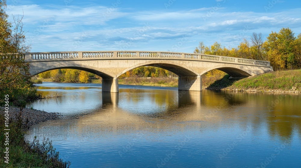 Fototapeta premium Elegant stone bridge spans tranquil autumn river