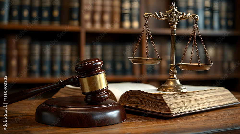 Law and Justice Concept Shows Gavel, Scales, and Open Book on Wooden Table Elegantly and Accurately.