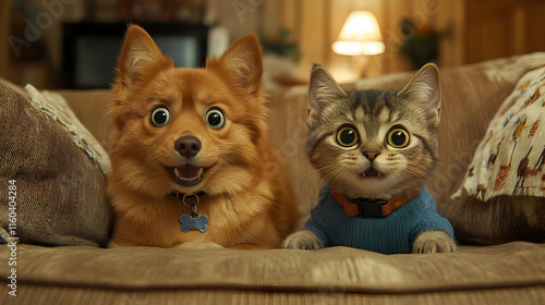 Cute Dog and Cat Relax on C...