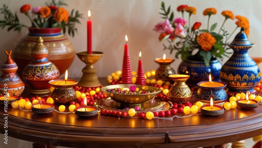 Naklejka premium A warm and inviting wooden table adorned with vibrant home decorations for the Diwali holiday, featuring a dazzling array of diyas, candles, and fairy lights in shades of golden yellow, orange, and re