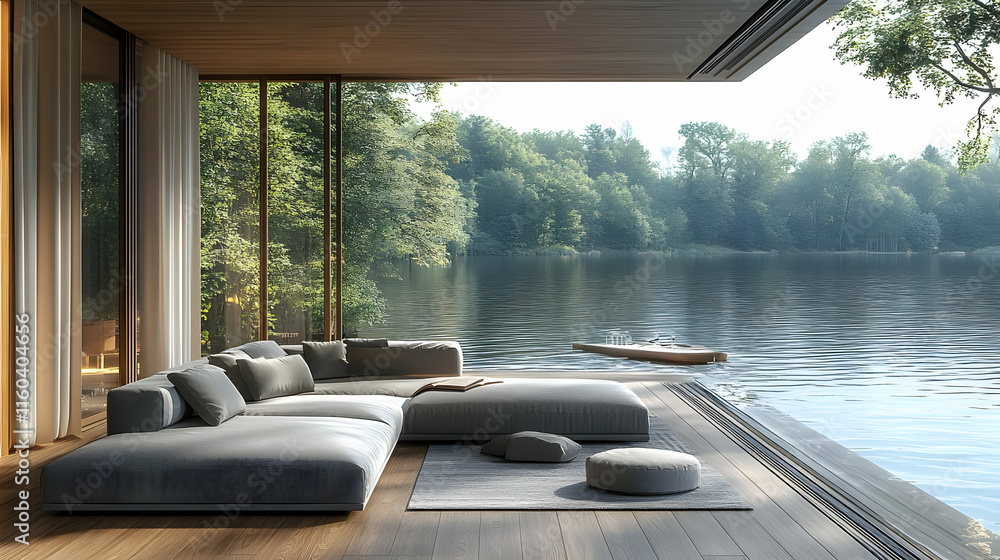 Fototapeta premium Modern Lakeside Living Room Overlooks Tranquil Waters with Lush Greenery Surroundings