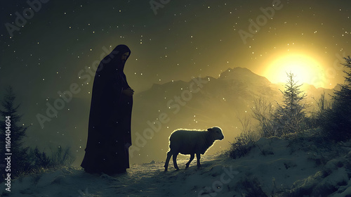 Shepherd Guards Sheep in Sn...