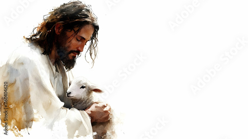 Shepherd Holds Lamb with Ca...