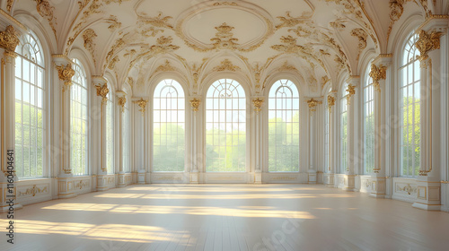 Elegant Ballroom Interior Illuminates with Sunlight through Arched Windows and Ornate Gold Accents.