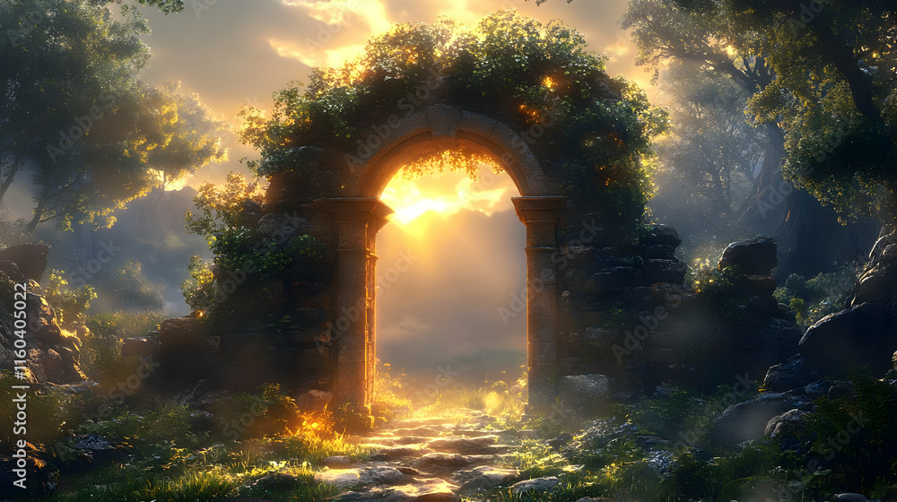 Fototapeta premium Ancient Stone Archway Illuminates a Path through a Mystical Forest at Golden Hour