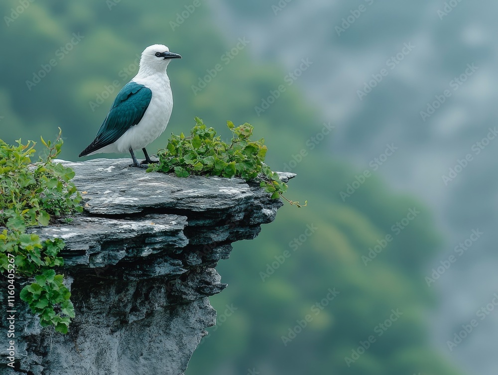 A bird with a striking teal and white plumage perched on a rocky ledge in a misty environment. A bird with a striking teal and white plumage perched on a rocky ledge in a misty environment.