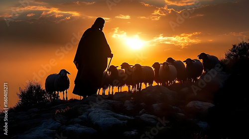 Wallpaper Mural Shepherd Guides Flock at Sunset on Rocky Hillside Torontodigital.ca