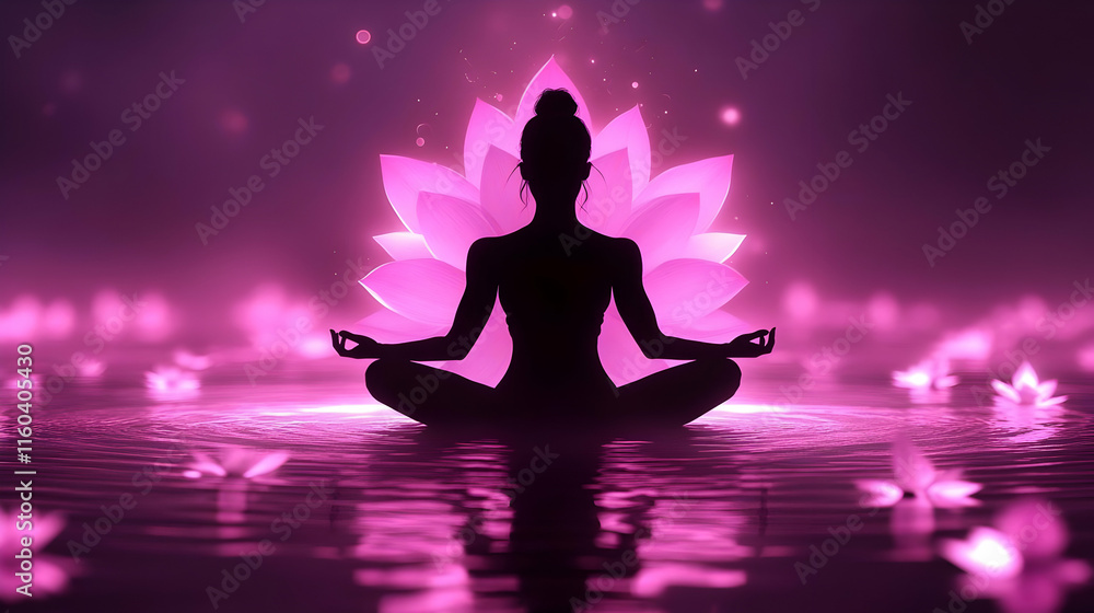 Meditation Posture Achieves Inner Peace with Lotus Flower Background Tranquilly Meditation Posture Achieves Inner Peace with Lotus Flower Background Tranquilly