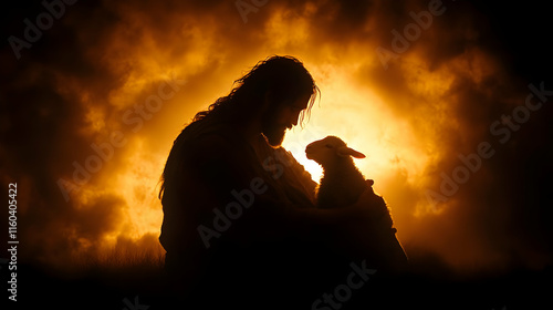 Shepherd Holds Lamb in Suns...